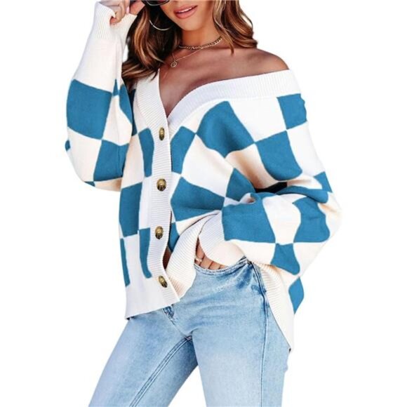 New With Tags Sweaters - NEW Womens Plaid V Neck Button Down Long Sleeve Cable Knit Oversized Cardigan